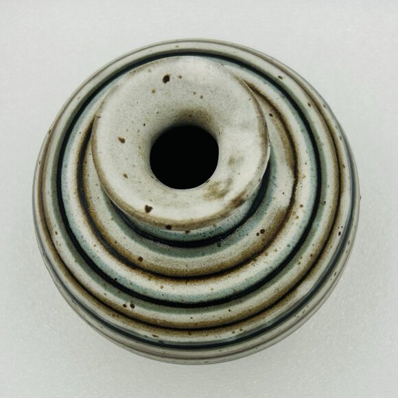 Otagiri OMC Japan Miniature 4" Bud Vase Blue Brown Striped Gold Sticker Vintage - Picture 3 of 6